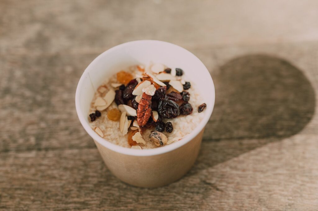 delectable oatmeal in a disposable cup